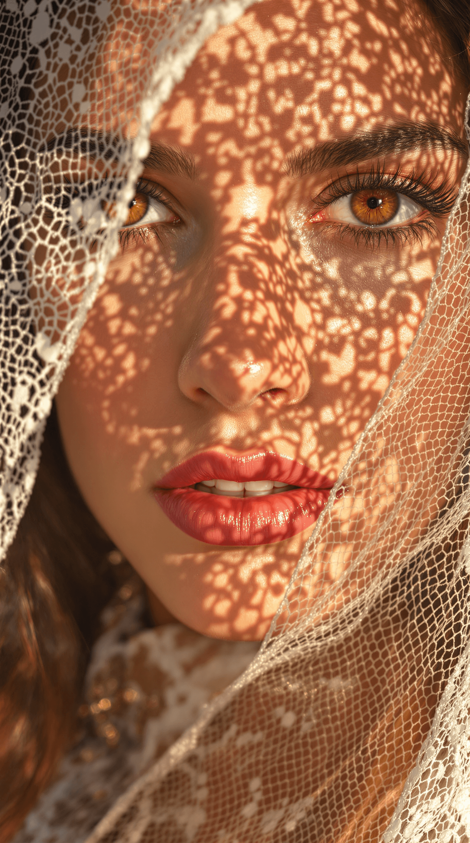 AI generated: A close-up portrait of a woman with golden-brown eyes, partially covered by a lace veil, with sunlig...
