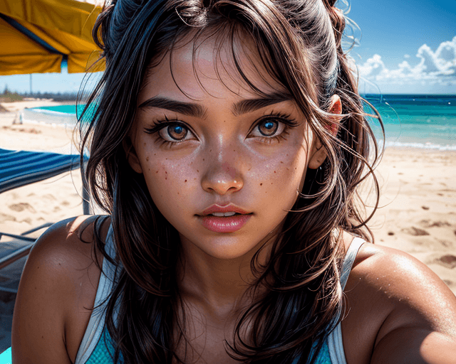 AI generated: lifeguard perfect girl, perfect symmetric face, big kind eyes ,looking down, (dynamic pose), in a be...
