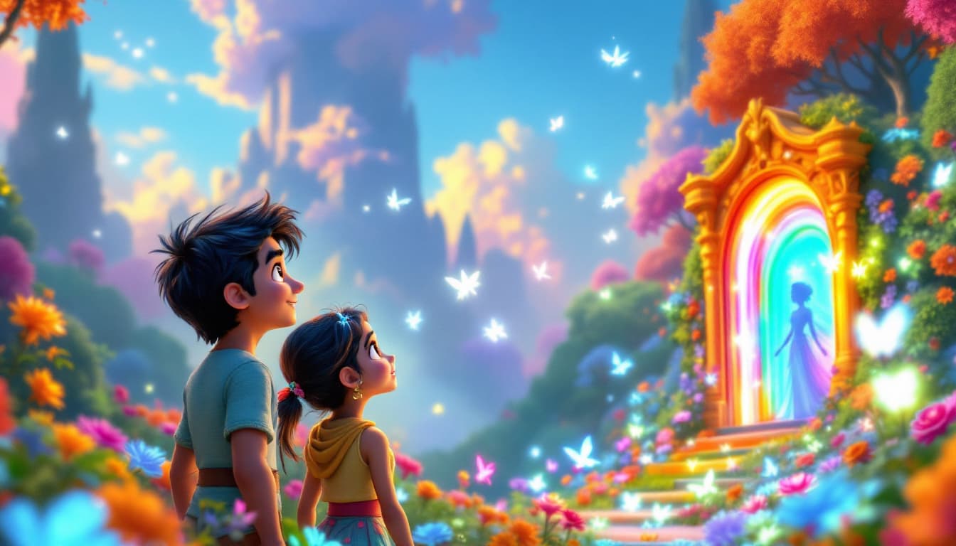 AI generated: "Create a 3D scene where Rohan and Meera, wide-eyed with amazement, stand in the magical world they ...