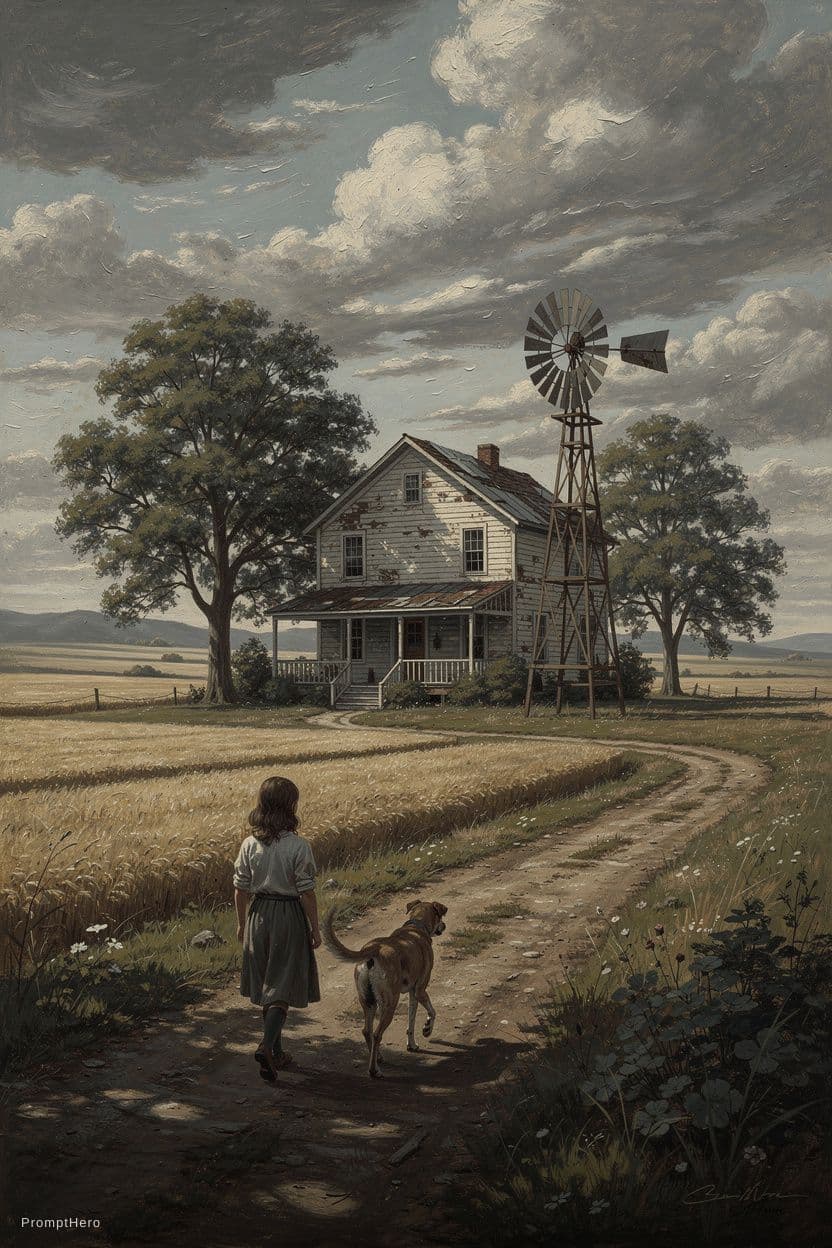 AI generated: an oil painting of a young girl and her dog walking to a magnificent farmhouse with a windmill, tree...