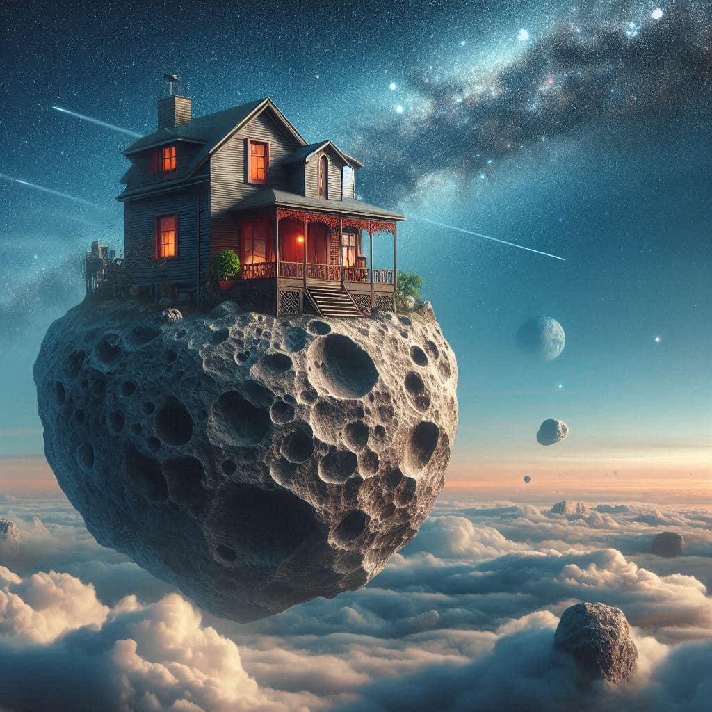 AI generated: a house carved out of a large asteroid hovering in the sky::surrealist dreamlike imagery::i can’t be...