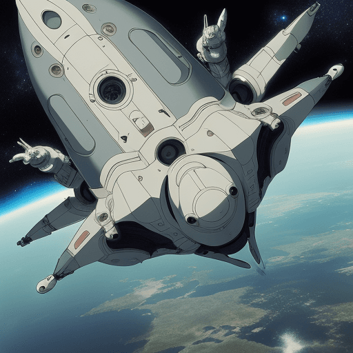 AI generated: perfect anime illustration, futuristic space, art by studio ghibli, longand flat spaceship in orbit