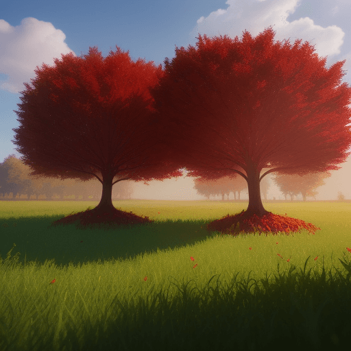 AI generated: 2 red trees in ground cinematic we can see sun garden day light  sky leef falling realistic 
pixar s...