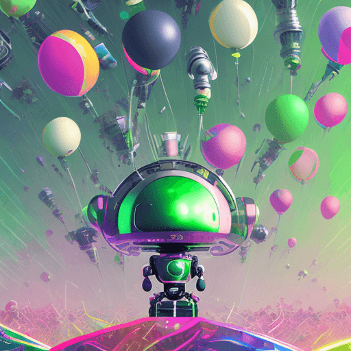 AI generated: a close up of a poster with a robot sitting on top of a bunch of balloons, inspired by Mike Winkelma...