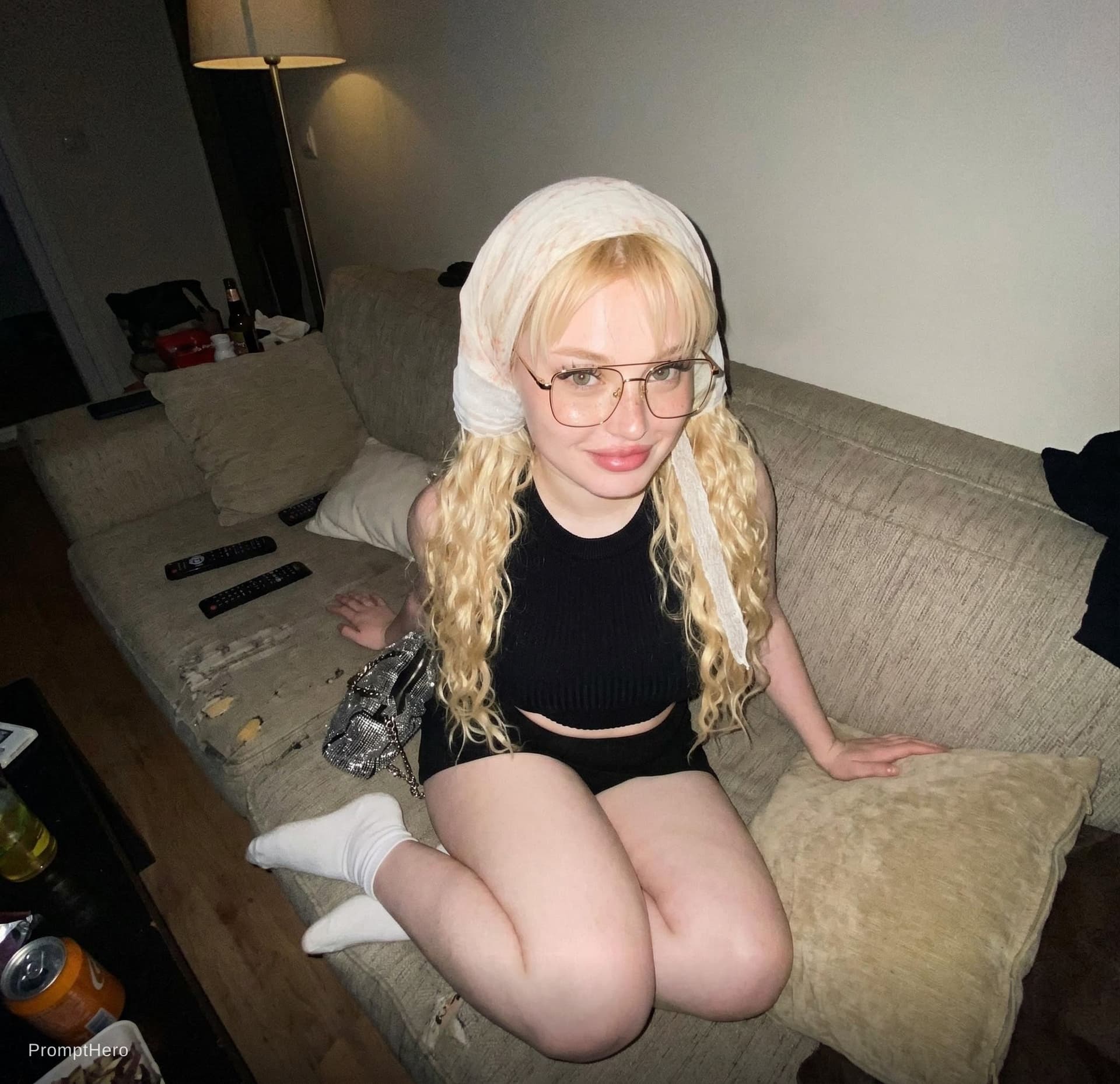 AI generated: looking at me,a sloppy snapshot. Sitting on a couch at night teasing, mini top and white socks, squa...