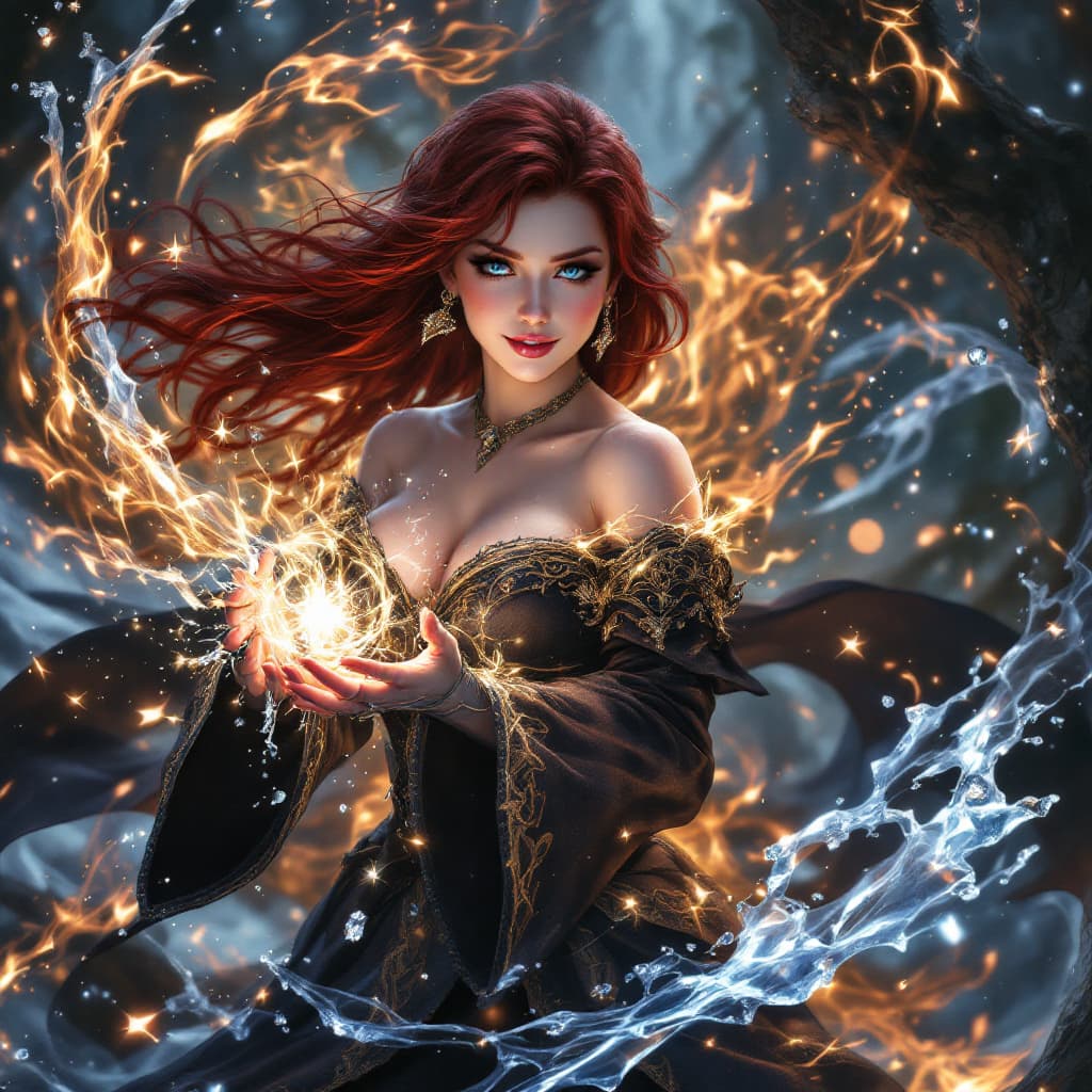 AI generated: A stunning chubby female wizard stands poised in a magical dark fantasy realm, casting a mesmerizing...