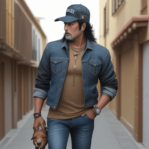 AI generated: crear un señor de 48 años, con gorra tipo trucker beige, granela negra, jeans azul y botines de cuer...