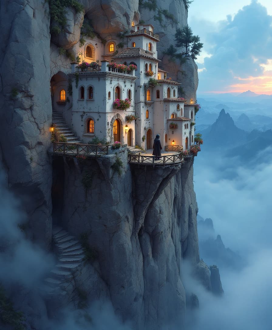 AI generated: A digital painting of a breathtaking stone settlement carved into the face of a colossal, jagged cli...