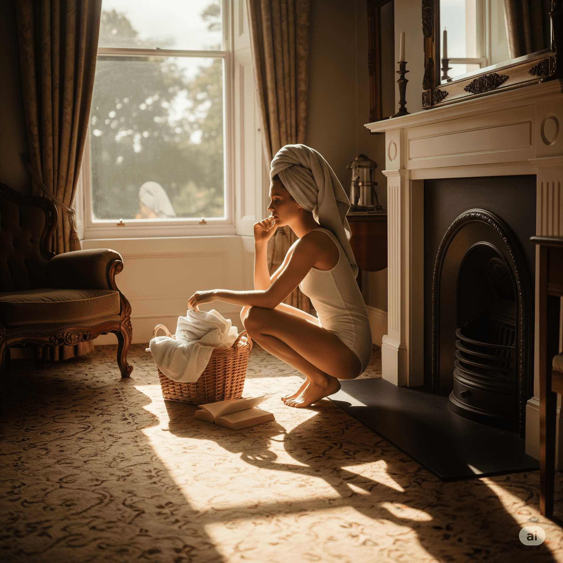 AI generated: A wide-angle, slightly elevated shot of a serene, sun-drenched private room. A woman, her hair wrapp...
