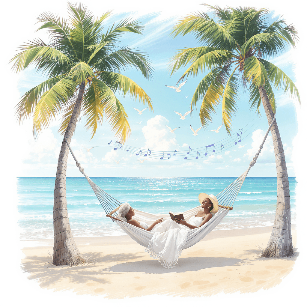 AI generated: A serene beach scene with a 70-year-old African American woman gently rocking in a hammock tied betw...