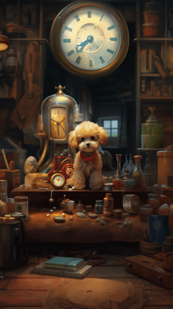 AI generated: https://s.mj.run/EWX50xJyPcc a chubby baby poodle <wide shot> in a laboratory, working on her time m...