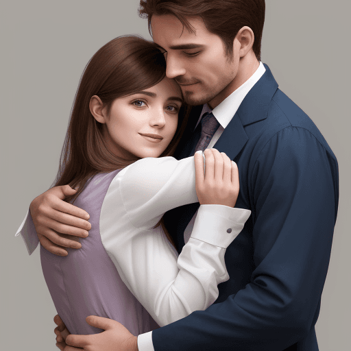 AI generated: A man and a woman. They hug. The woman is dressed in a dress, and the man is dressed in a shirt
