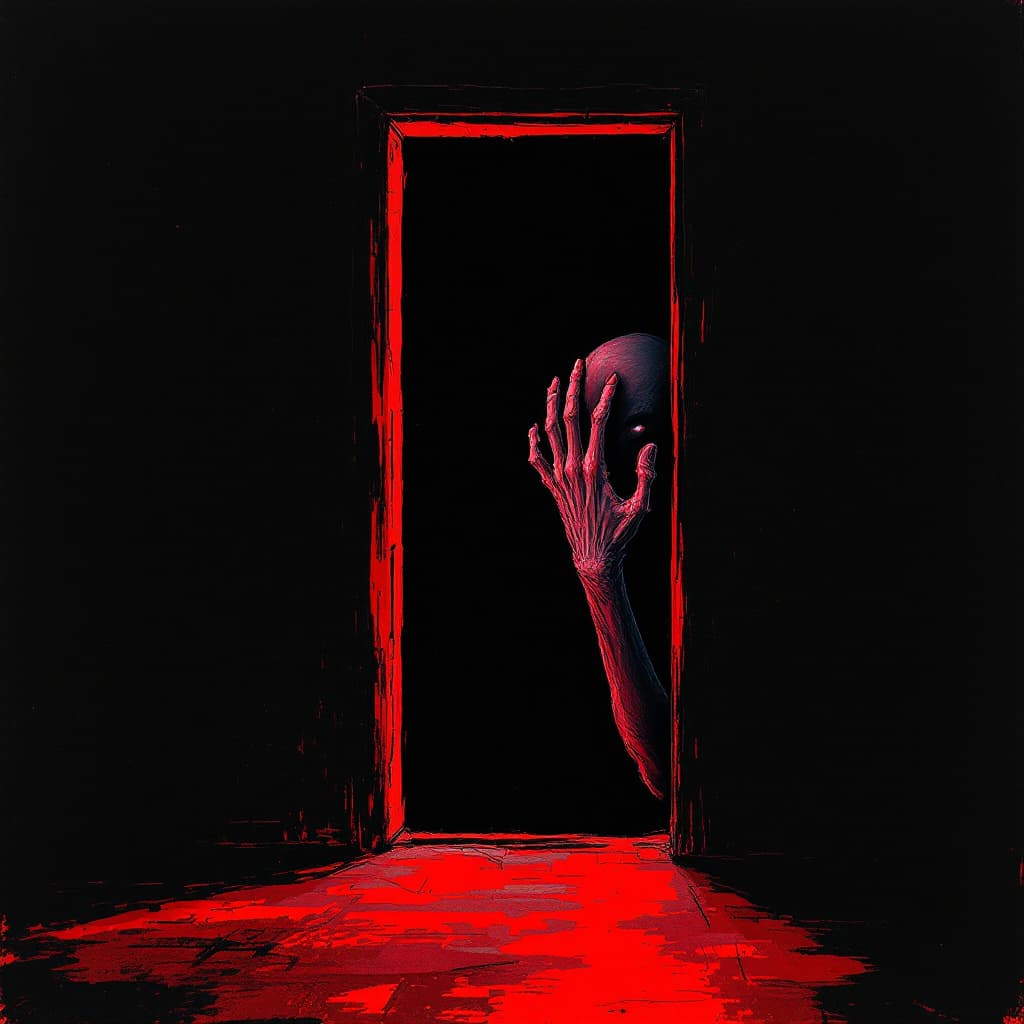 AI generated: a very dark room with a small door, with colors, the most prominent being black and red, a very skin...