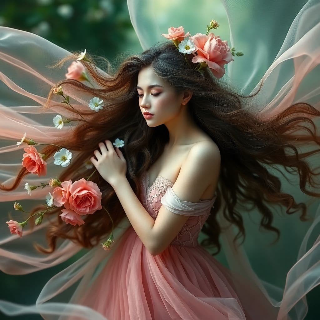 AI generated: Beautiful elegant fairy in diaphanous fabric flowing hair florals and greenery 