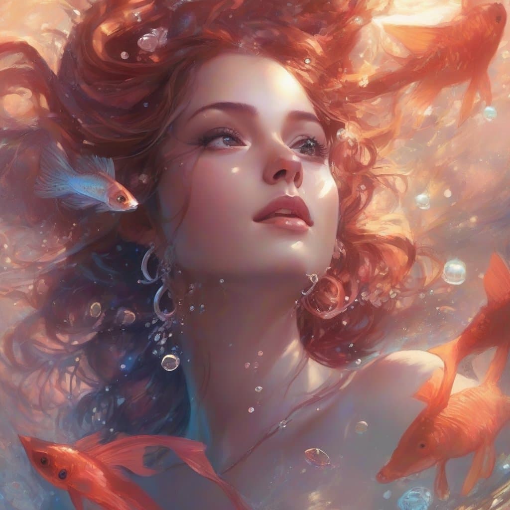 AI generated: dark underwater, beautiful girl looking into camera, floating dark red hair, big blue eyes, smiling,...