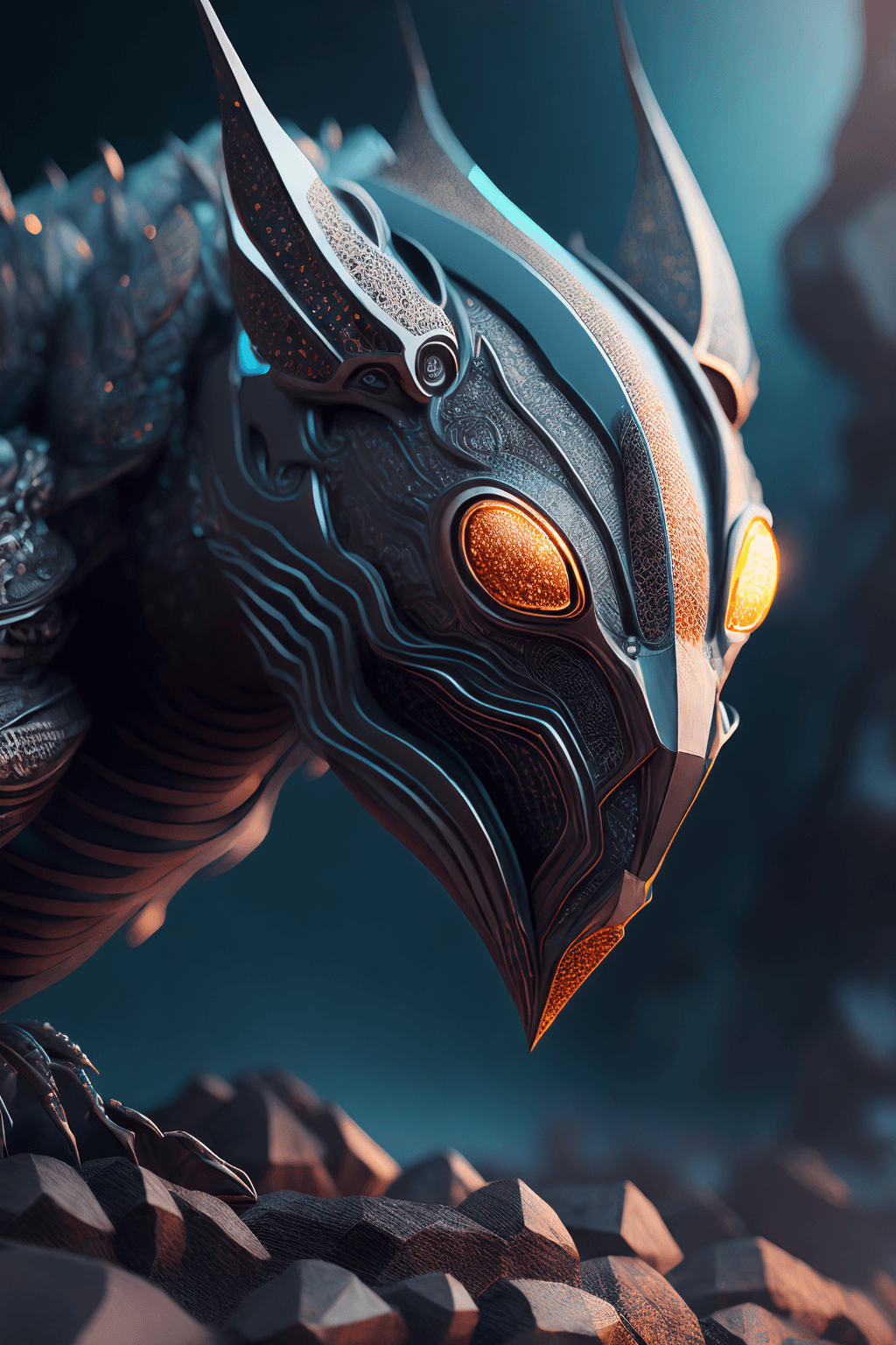 AI generated: an alien beast made of crystals, 2 big shiny black eyes, soulful eyes, intricate details, planet in ...