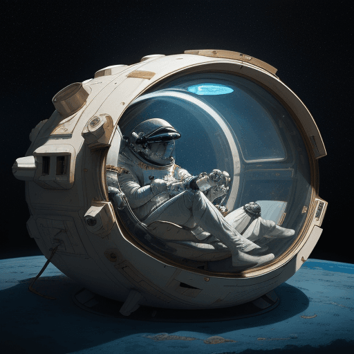 AI generated: space astronaut, without helmet, sleeping comfortably in a sleeping pod, and flying past dreams, in ...