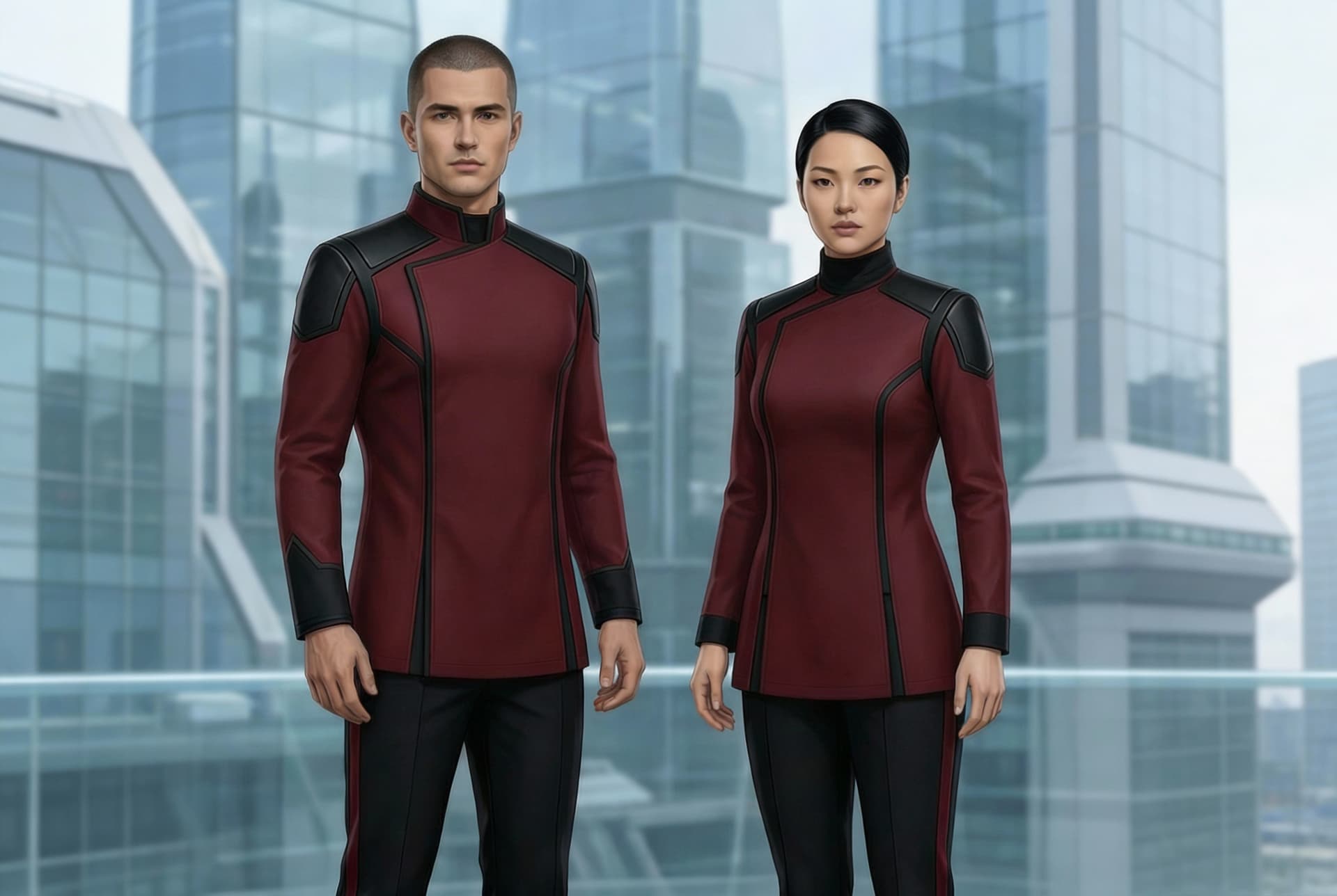 AI generated: Create matching Sci-Fi uniforms. Use the reference image 1, and add Black shoulder Slats and Black s...