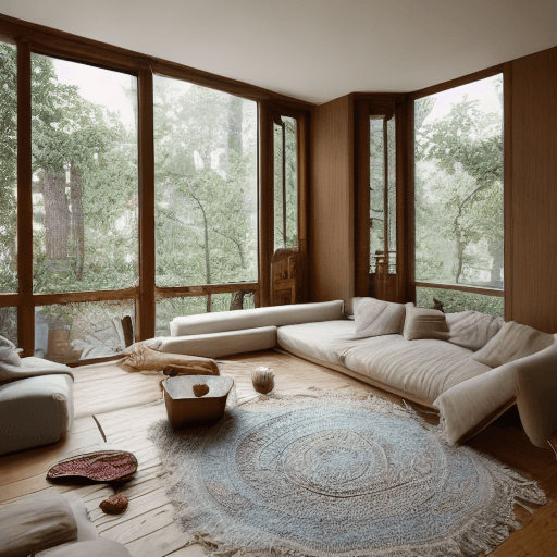 AI generated: High resolution photography interior design, dreamy sunken living room conversation pit, wooden floo...