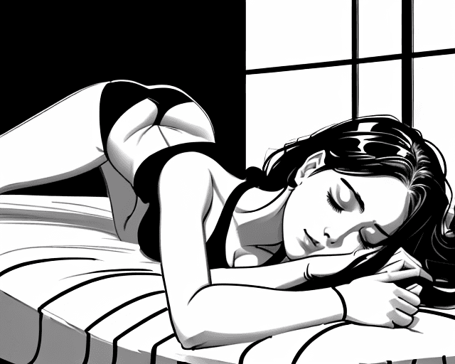 AI generated: An illustration of a woman laying on a bed in a dynamic pose dreaming in black-and-white