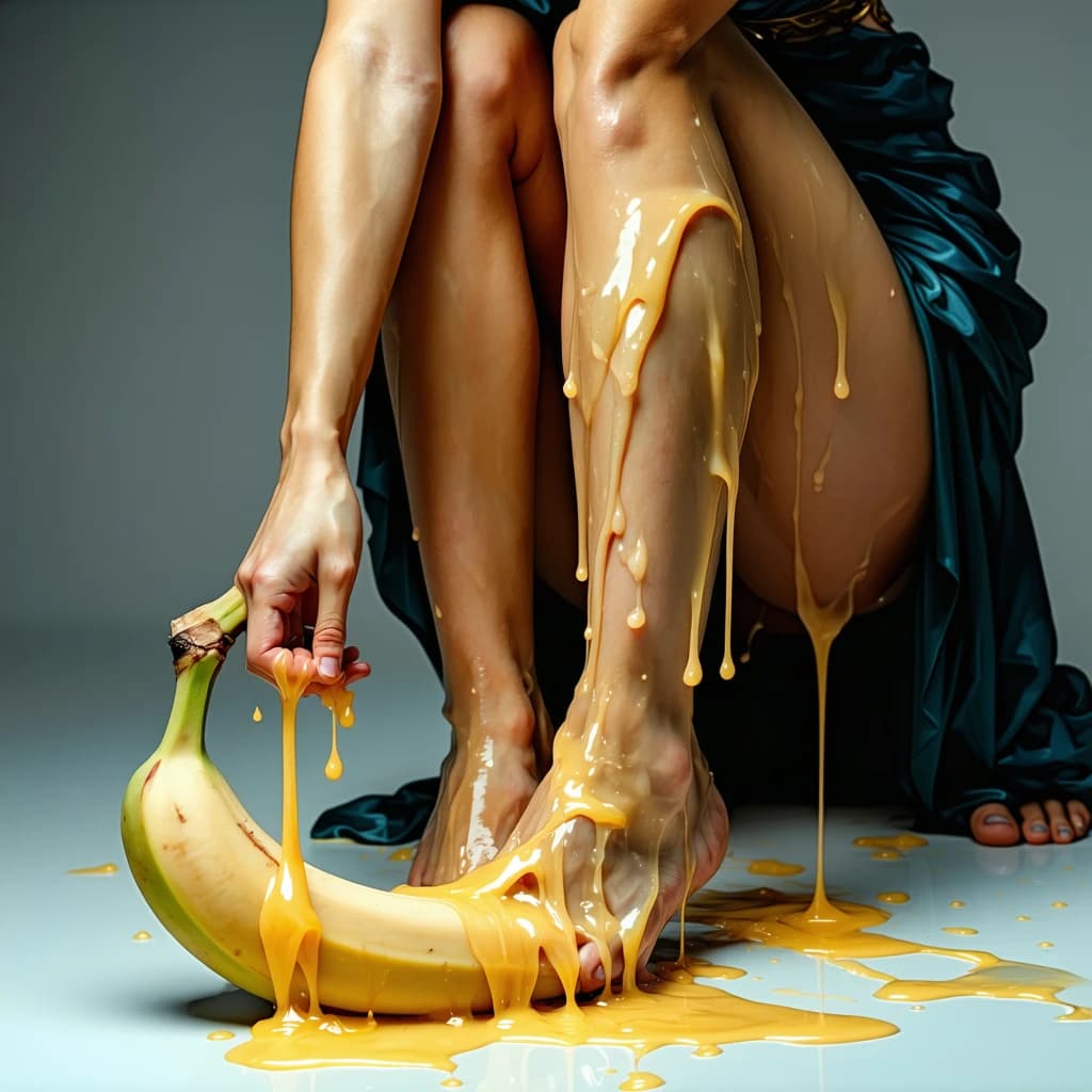 AI generated: greek goddess displaying her feet in front of her touching a banana with them with glue dripping fro...
