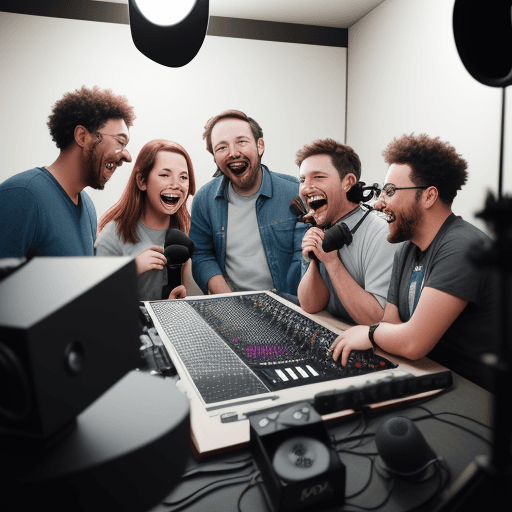 AI generated: high resolution, portrait photography stock photo diverse group of podcasters laughing in recording ...