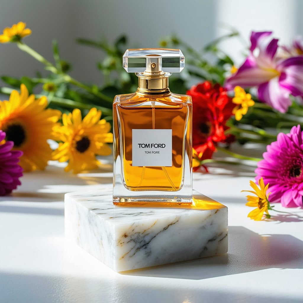 AI generated: Tom Ford style perfume bootle standing on marble block with colorful flowers around, in a white stud...