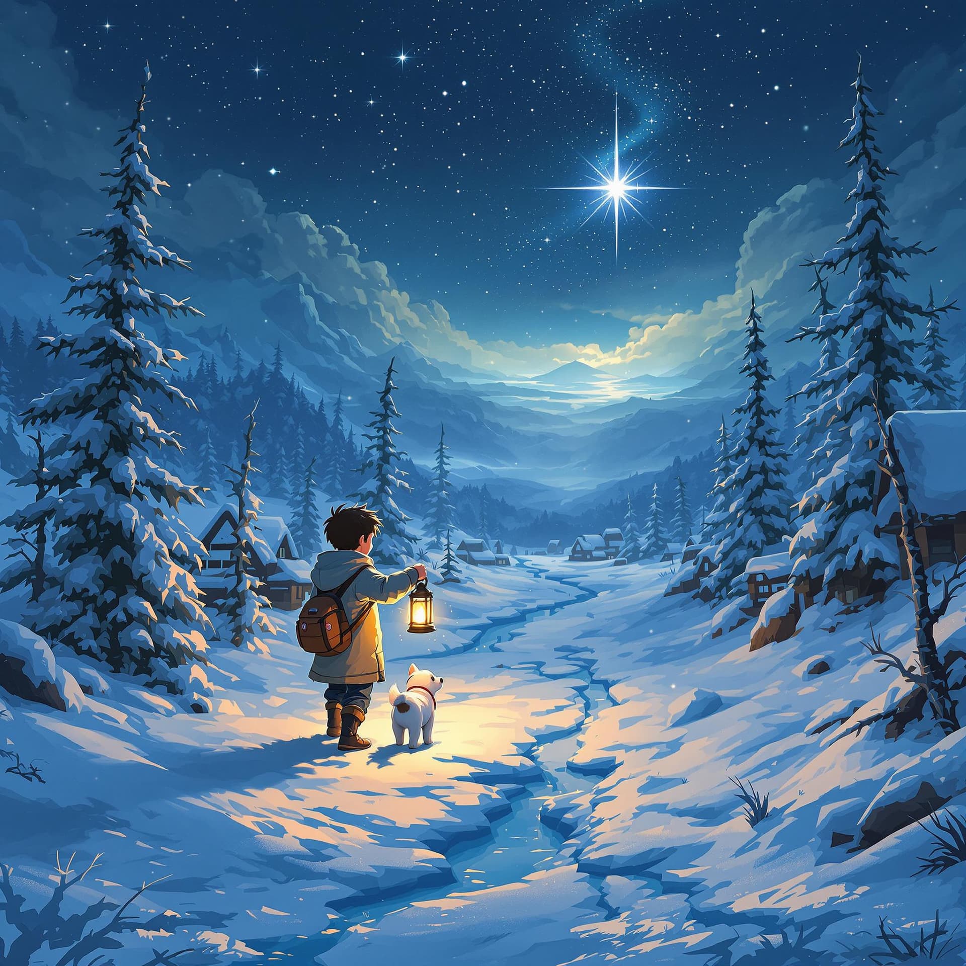 AI generated: A Studio Ghibli-style medium shot of a young boy named Ellis, with a lantern and his loyal dog, Lume...