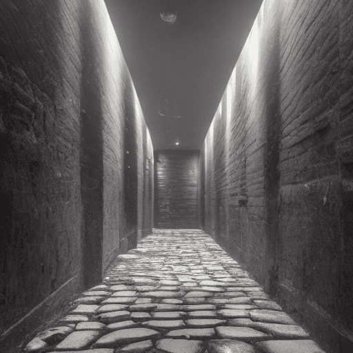 AI generated: The dark hallway, made entirely of stone, stretches into a black void. The dripping of water is hear...