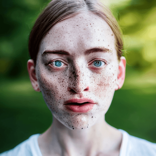 AI generated: detailed and realistic portrait of a woman with a few freckles, round eyes and short messy hair shot...