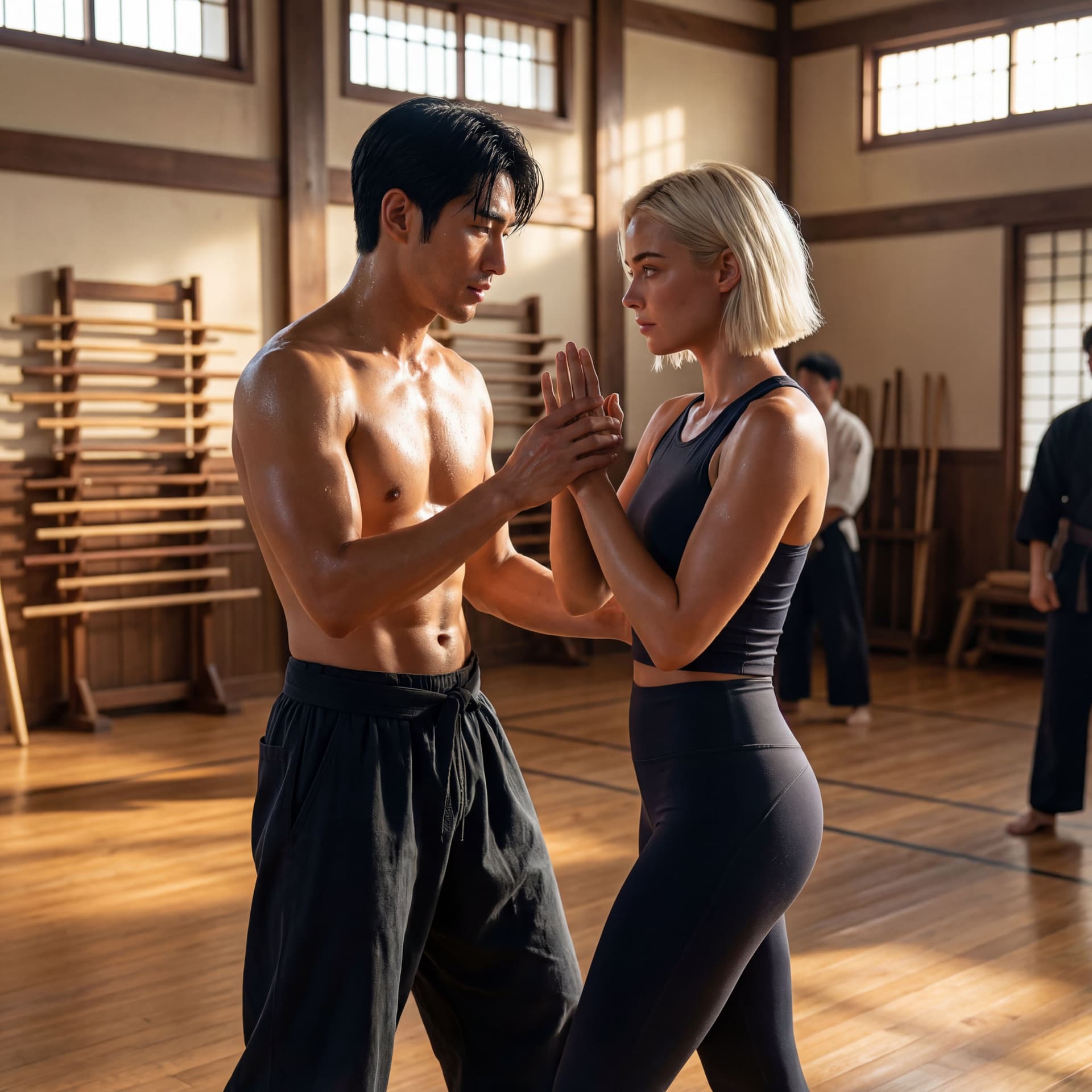 AI generated: Lilith and Ren in a realistic martial arts training scene. Photorealistic style, no anime, no cartoo...