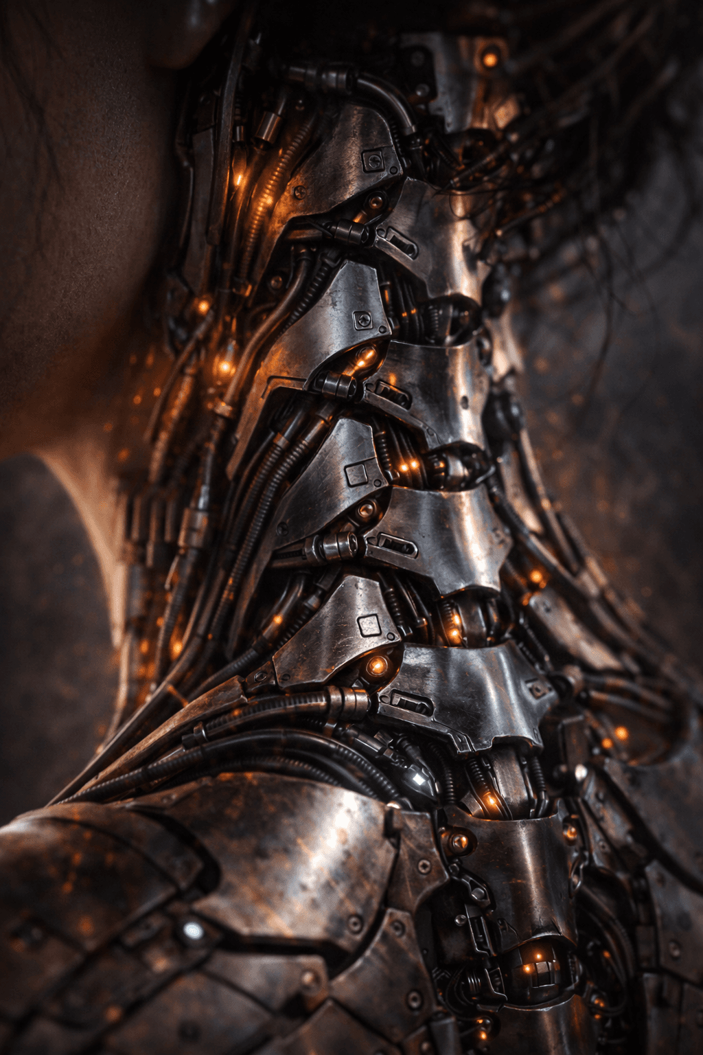 AI generated: An ultra-hyperreal macro photograph of a cyborg female’s neck–spine junction. Exposed mechanical ver...