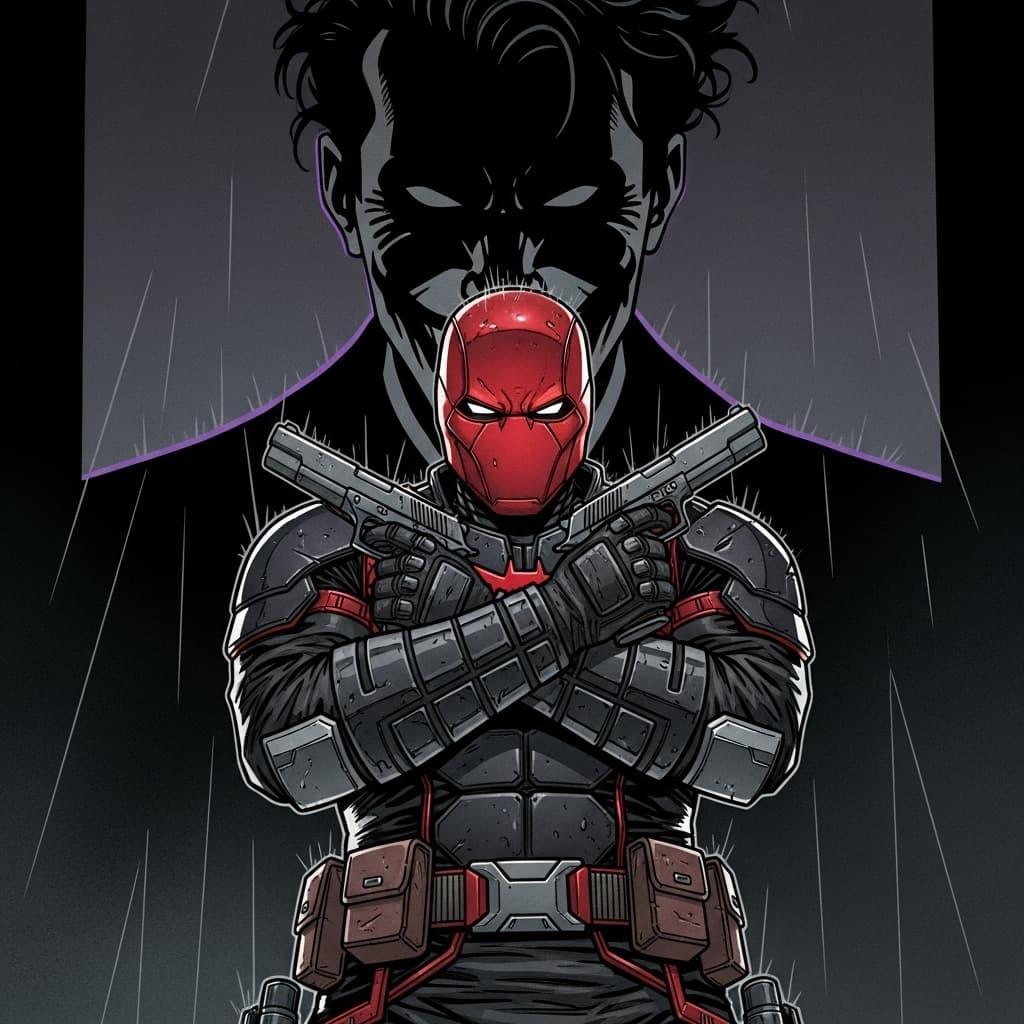 AI generated: "Jason Todd as Red Hood, holding two pistols with arms crossed, standing in a dynamic comic-style po...