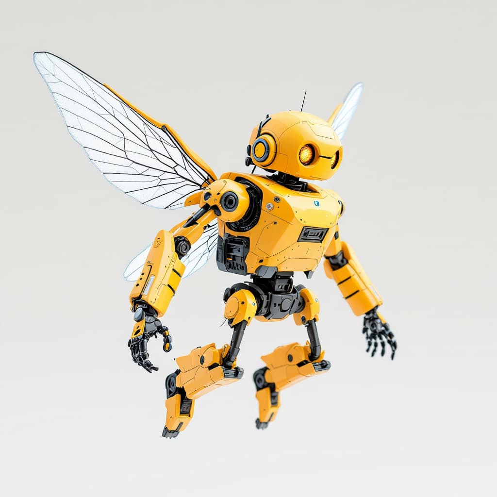 AI generated:  small yellow flying robot with wings  without hand or legs