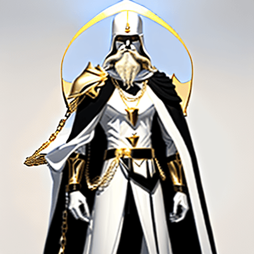 AI generated: A tall slender man with a long black beard wearing  white armor with a golden chain from the left sh...
