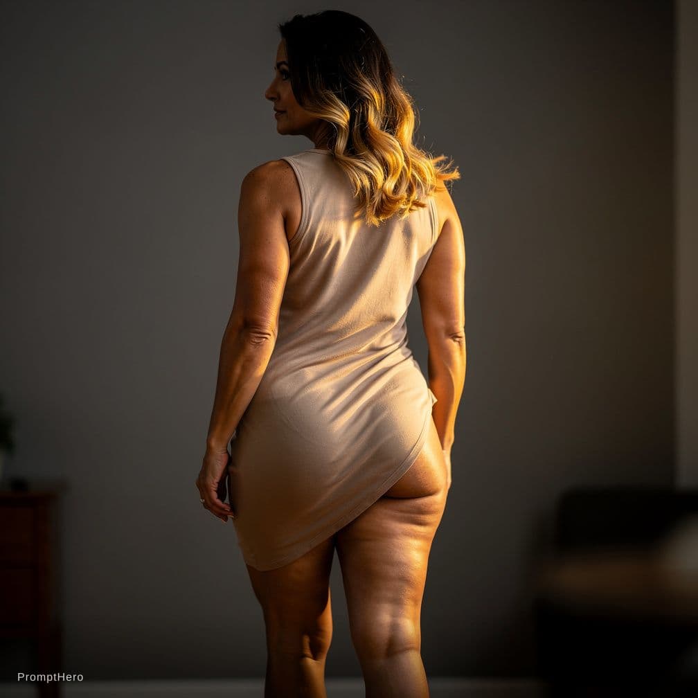 AI generated: Life-like woman in her 40s, pure, nude+, light-olive skin tone, nude+, well defined legs, big thighs...