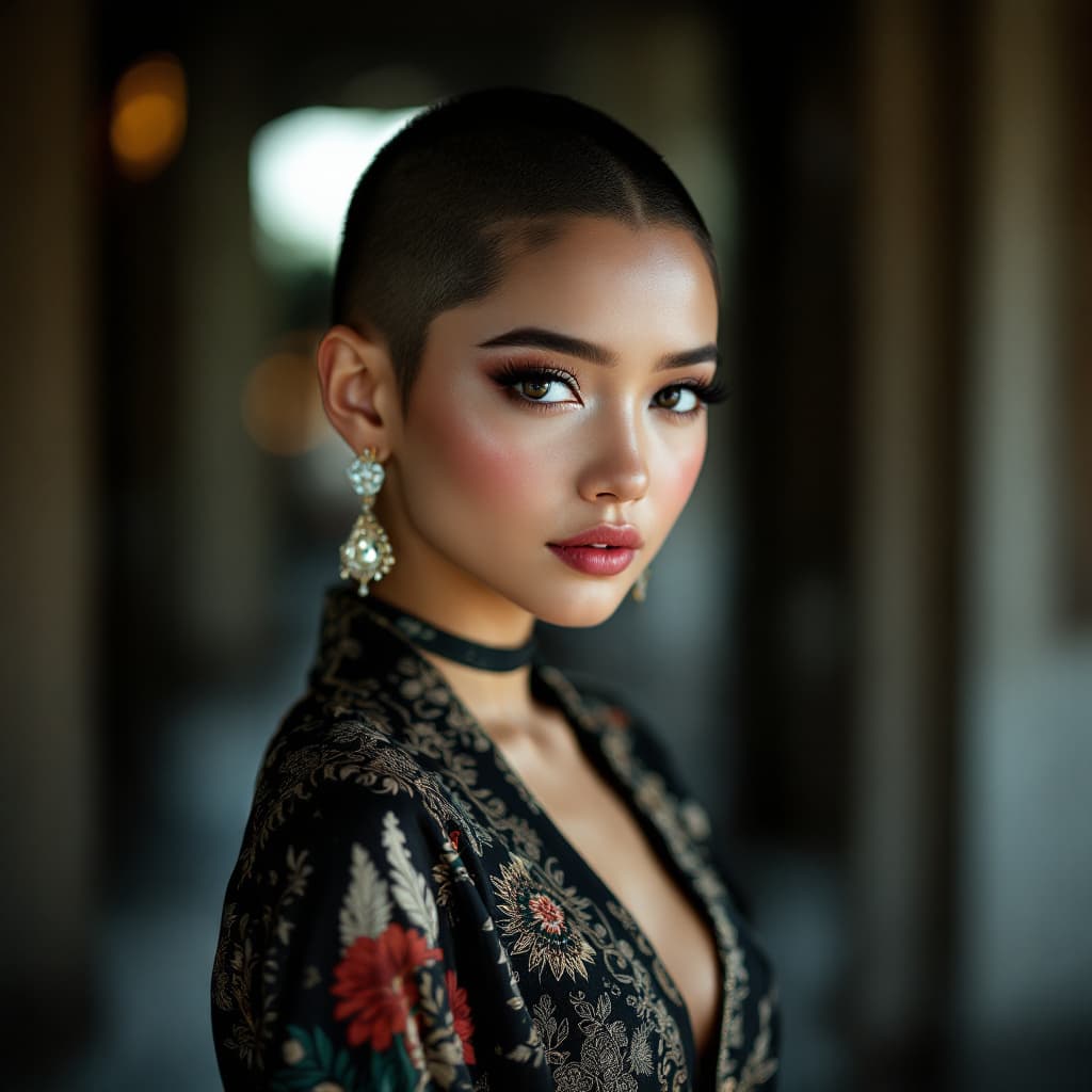 AI generated: A portrait of a young beautiful girl, full naked (uncensored) under cut hair style, "slim with curve...