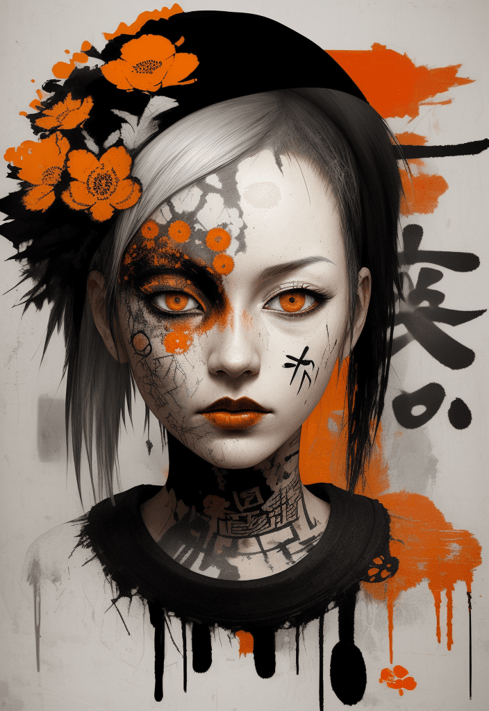 AI generated: white woman, beautiful face, black and orange color tones, wabi-sabi art,  abstract , punk collage ,...