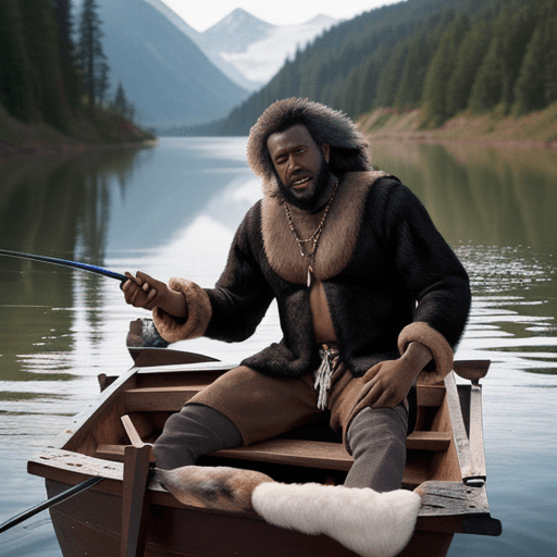 AI generated: Black man wearing wolf pelt inside a wooden boat fishing hyper-realistic image