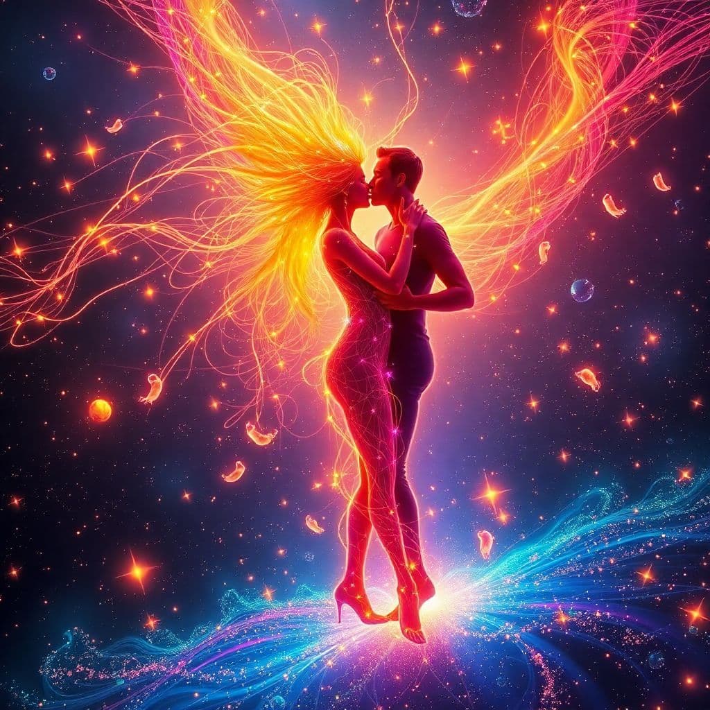 AI generated: Psychedelic, deep color. A surreal representation of existence as pure energy, showing a female and ...