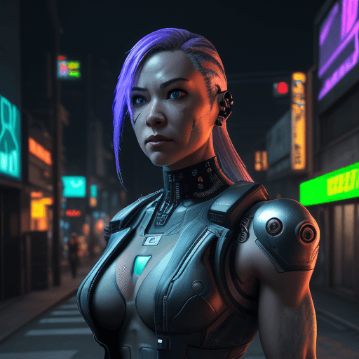 AI generated: Cyborg without helmet, vest, armor, and weapon on the street, cyberpunk, neon light reflections, ref...