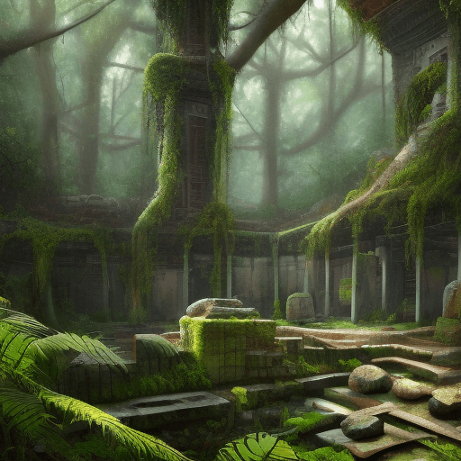 AI generated: ancient hidden temple found deep inside a lush rain forest| ancient greek ruins| rubble| gray dull b...