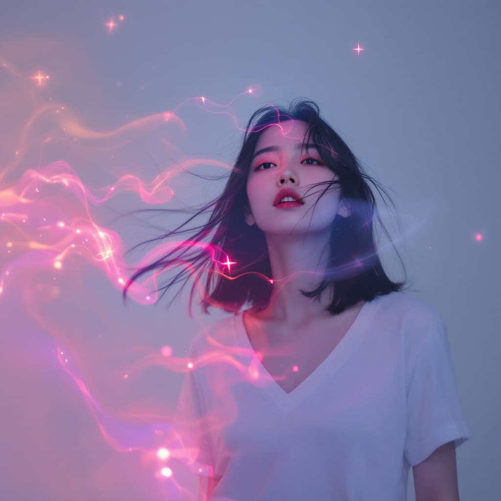 AI generated:  In high definition, trippy, a cosmic background, surrealistic, photo of an Asian girl with long hai...