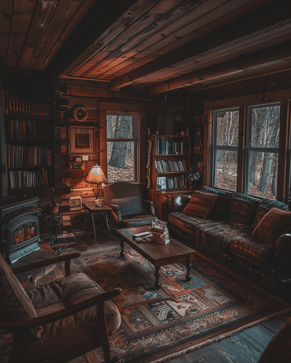 AI generated: the room is lighted, in the style of cottagecore, vignetting, moody colors, natural lighting, cabinc...