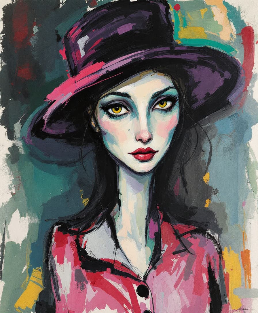 AI generated: Masterpiece, ('Woman with a Hat' by Pierre-Auguste Renoir in 1891), inspired by the expressionist st...