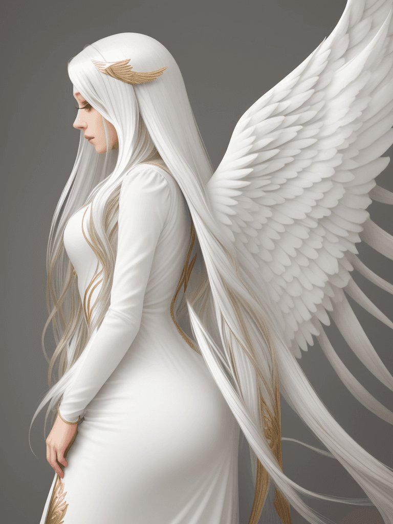 AI generated: Godess  angel wings, long white hair gold dress
