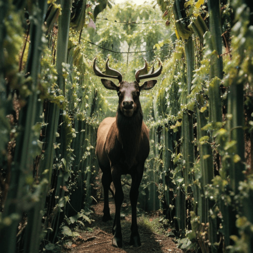 AI generated: an elk made of ( ( ( ( vines and branches ) ) ) )!!!!! stands in the middle of a dark forest <lora:F...