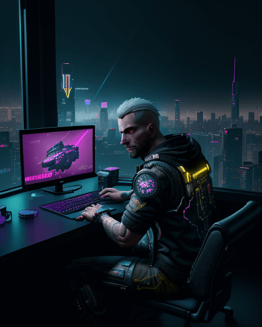 AI generated: a young guy is sitting at a computer in a dark room, light falls from the window and you can see a b...
