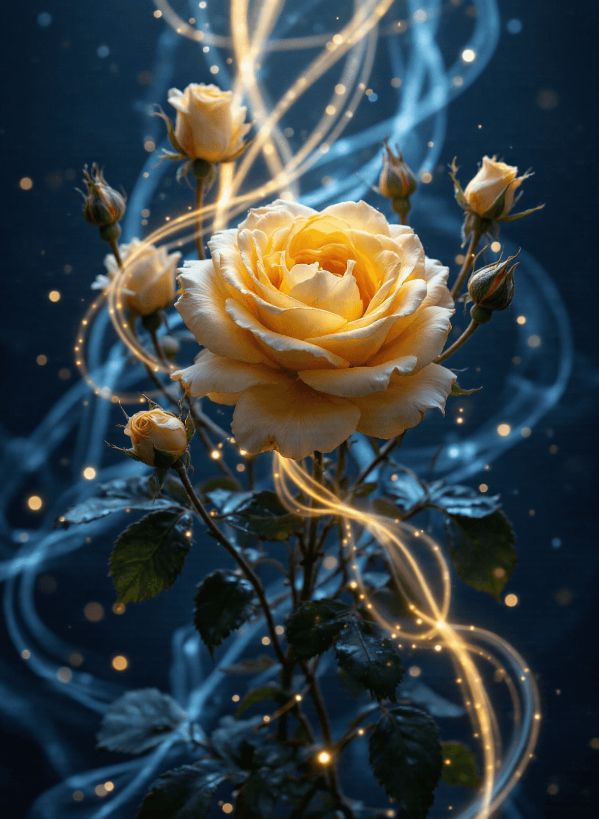 AI generated: The image depicts a vibrant yellow rose at its center, surrounded by smaller buds and leaves. The ba...