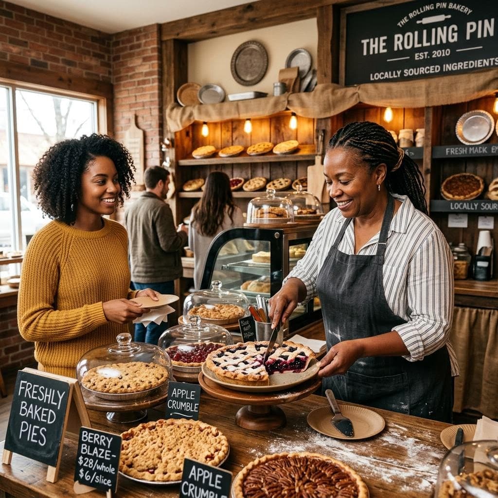 AI generated: photo realistic of a pie bakery with decor and a dark-skinned baker slicing a pie for a customer